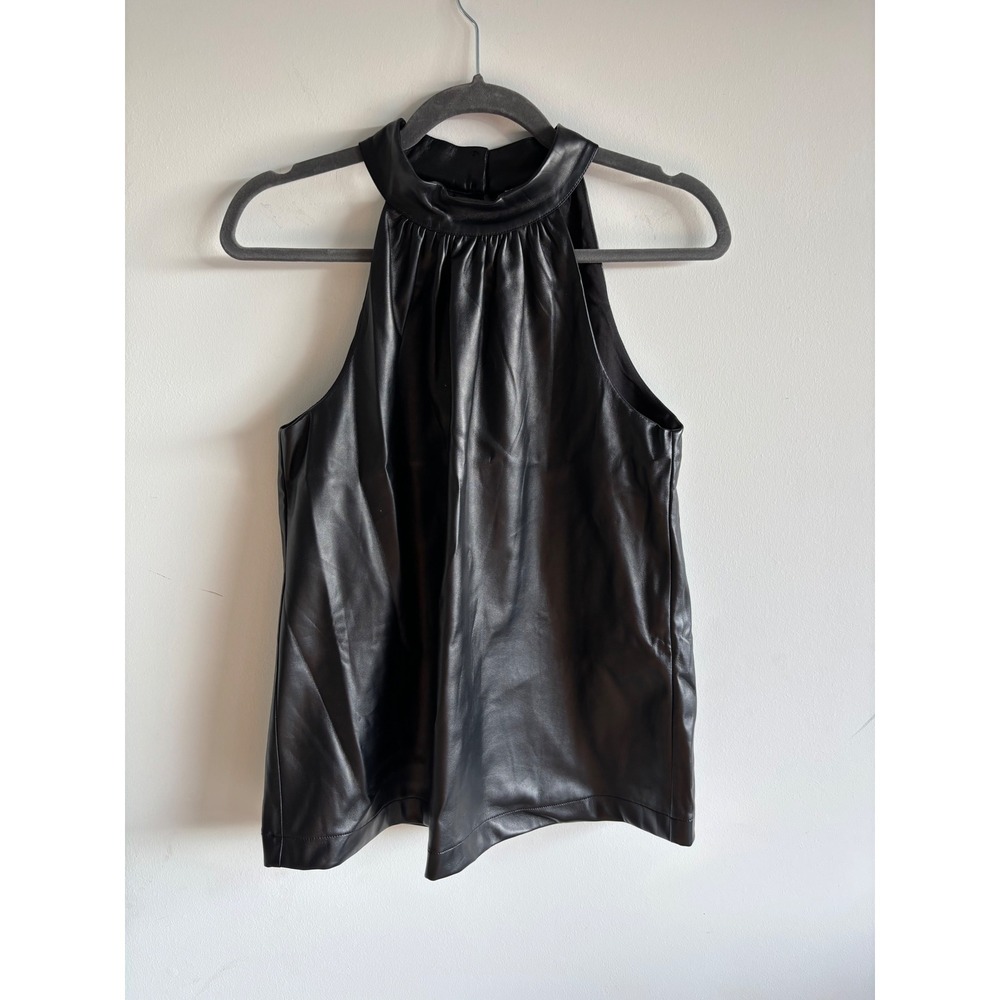 Jade Melody Tam Black Faux Leather Halter Neck Top Mock Neck Sleeveless Small